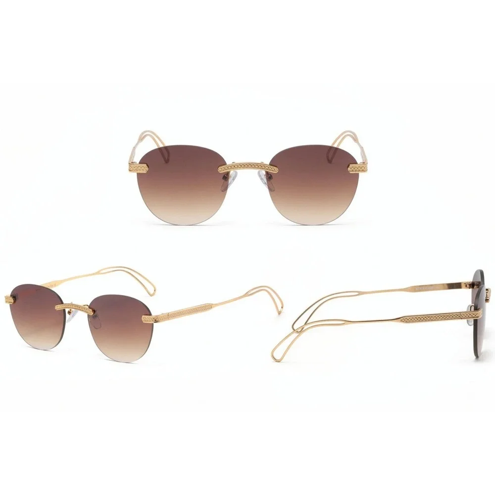 Fashion Mens Rimless Round Gold Sunglasses Brown Lens UV400 Sun Protection Gafas